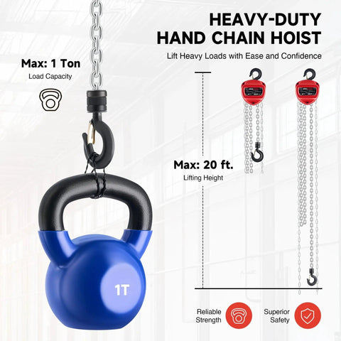 1 Ton Hand Chain Hoist With 20 Ft Lift G80 Chain And Double Guide Wheels showcasing load capacity and lifting height