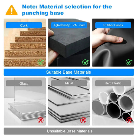 Material selection guide for punching base: suitable materials - cork, EVA foam, rubber; unsuitable - glass, metal, plastic.