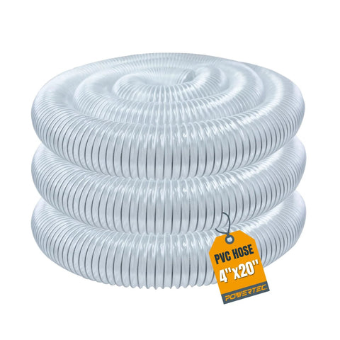 Powertec 4 in x 20 ft flexible PVC dust hose, light gray coil for table saws, band saws, woodshop dust collection