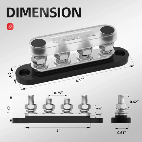 Bus Bar 12V 150A Mini Power Distribution Block With Cover, dimensions displayed, tin plated copper, nylon base, polycarbonate lid