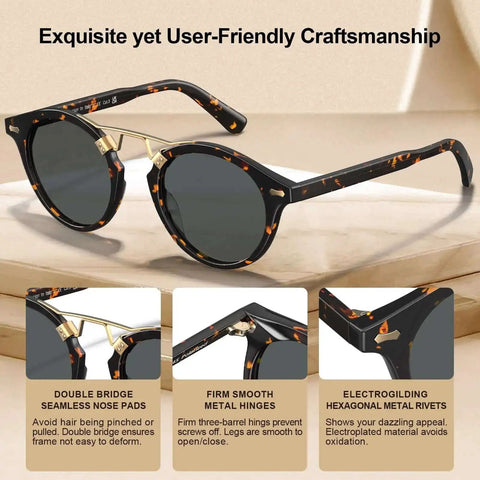 Double Bridge Round Polarized Sunglasses For Men With UV Protection Retro Tortoise Eyewear Nickel Free Metal Brow Design Classic Dope Sunnies For Everyday Wear And All Day Comfort