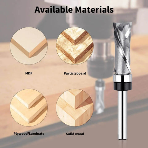 Pro Grade Extra Long Compression Flush Trim Router Bit With One Quarter Inch Shank And One Half Inch Cutting Diameter One And A Quarter Inch Cutting Length Spiral Pattern Template Router Bit For CNC Woodworking Edge Trimming with material compatibility chart showing MDF, Particleboard, Plywood/Laminate, Solid wood