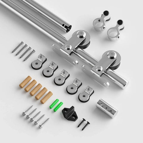 Stainless Steel Sliding Door Hardware Kit For Single Wooden Door Top Mount T Style Track System 6 Ft Length Fits 36 Inch Wide Door Panel