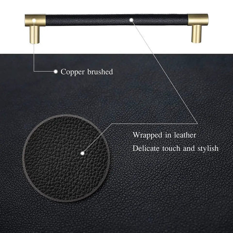 Brushed Satin Gold Bar Cabinet Handle With Black Leather Upholstery 8.5 Inch Overall Length, detailed close-up showing leather texture.