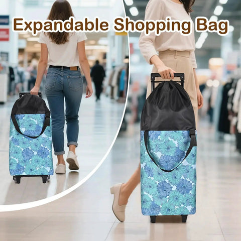 Collapsible Shopping Cart With Wheels Expandable Portable Waterproof Tote in floral print, used by women in a mall for grocery runs.