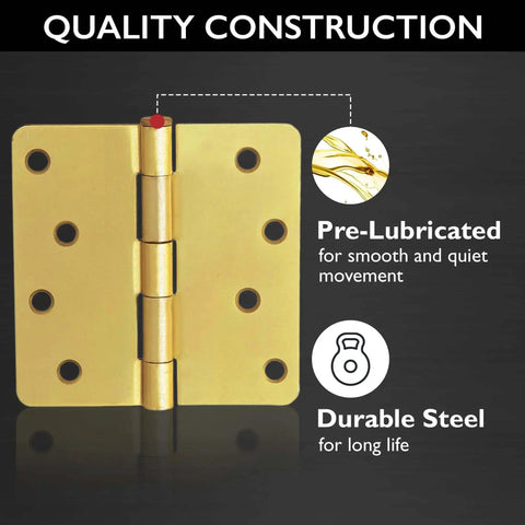 Heavy Duty Steel Door Hinges Satin Brass Finish 4 Inch Radius One Quarter Inch Set Of 10 With Mounting Screws pre-lubricated detail