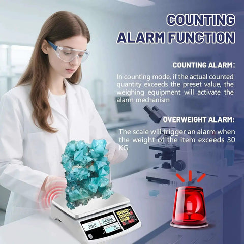 Woman using Coin And Parts Counting Scale With Alarm For Coins And Small Parts, displaying alarm functions, in laboratory setting