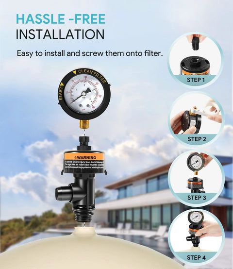 Sixcow high-flow manual relief valve with pressure gauge mounted on pool and spa filter assembly