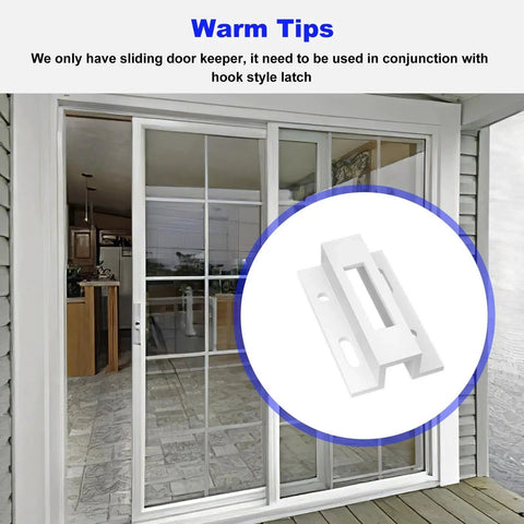 Sliding Door Keeper For Extruded Aluminum Latch Replacement Fits Pella Micron 1200 Series Viking Doors And Other Sliding Glass Doors 1 Pack Durable White Finish For Hook Style Latches shown with sliding door setup