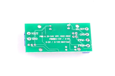 Industrial PWM To Analog Converter Module showing circuit board details for converting 0-100% PWM into 0-10V or 0-5V analog output.