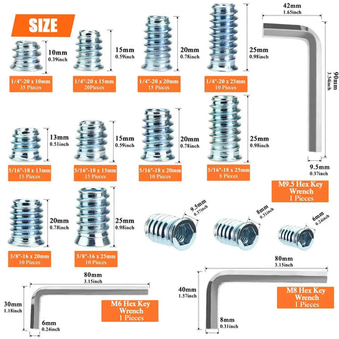 DIY Ready 148 Piece Threaded Inserts Kit For Wood With 1/4-20, 5/16-18, 3/8-16 Coarse Threads And Included Hex Wrench, various sizes