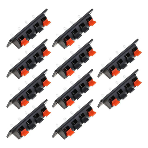 10 Pack 4 Pin Speaker Terminal Blocks With Spring Clips For DIY Audio, black and orange strips, top view