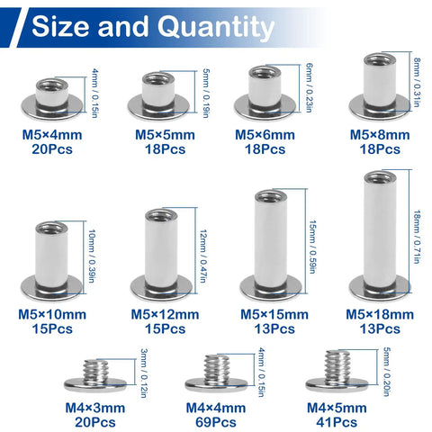 Chart of 130 Sets Chicago Screws Kit in silver for leather crafting with various M5 and M4 sizes and lengths shown
