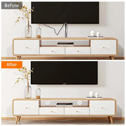Before and after view of a wall-mounted TV setup using the No More Cable Mess TV Cord Hider For Wall Mounted TV Kit With 4 Pass Throughs In Wall Cable Management Two And Three Eighths Inch Hole 60mm Hole Saw Attachment And 10 Cable Ties For Easy Install.