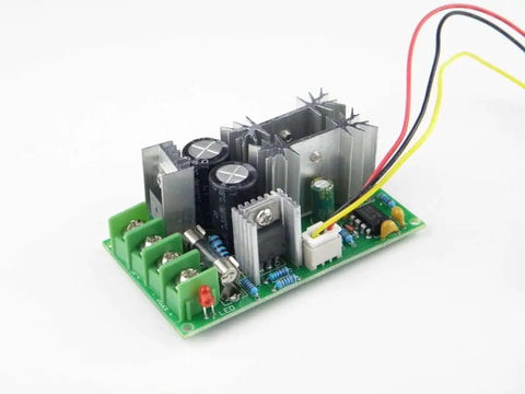 PWM speed controller for Beefy 30W Permanent Magnet DC Motor CH 3420 24V 7000 RPM, showing all-metal construction and wiring connectors.