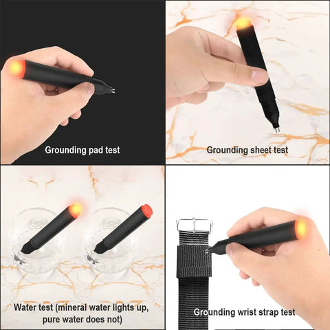 Grounding Tester Kit Conductivity Pen and Outlet Continuity Tester in use for pad, sheet, water, and wrist strap tests.