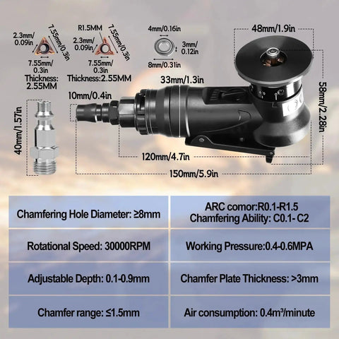 Portable Pneumatic Chamfering Tool Handheld Mini Air Powered Beveling Machine For Metal And Wood 45 Degree Arc Corner Trimming And Deburring One Quarter Inch Air Inlet C And R Angle Blades, side view with specifications.