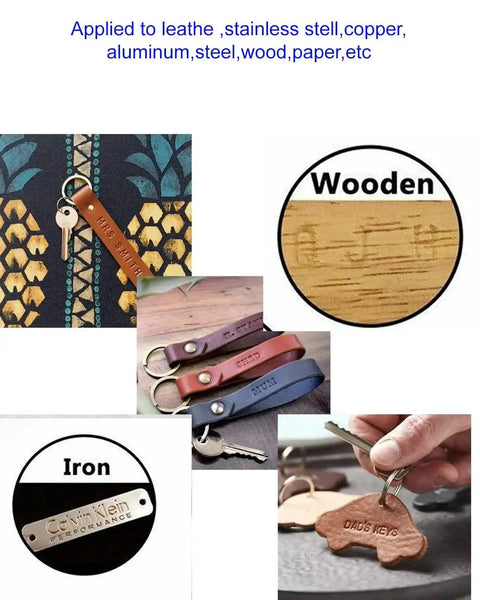 Pro Grade Metal Stamping Kit With Letter And Number Punches for leather, wood, and metal DIY crafting displaying engraved keychains.