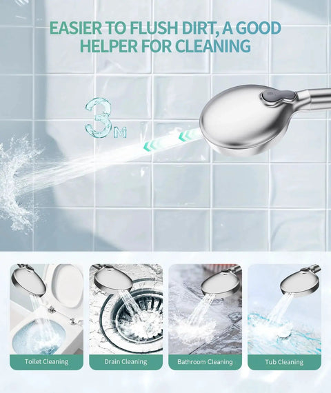 Filtered Shower Head With Handheld High Pressure 9 Spray Modes Softener Beads demonstrating cleaning power on tiles and different surfaces