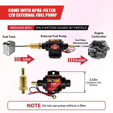 Gasoline Electric Inline Fuel Pump 12V Universal Five Sixteenth Inch Inlet Outlet Low Pressure 2 To 3.5 PSI 28 GPH schematic with arrows