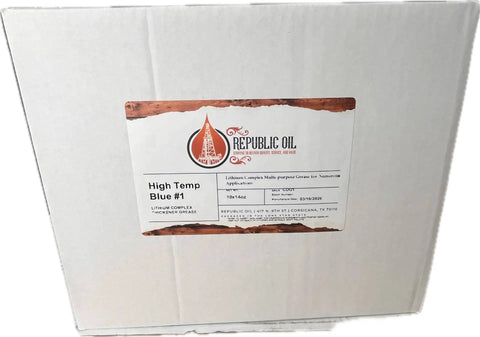 Box of Blue High Temp Number 1 Multipurpose Lithium Complex Grease For Chassis And Wheel Bearings Fifth Wheels Agriculture And Construction EP1 Extreme Pressure Water Resistant Tacky Formula Meets NLGI GC-LB 10x14oz.