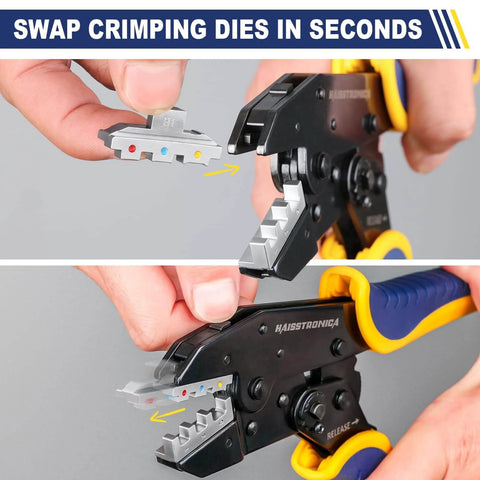 6 In 1 Ratcheting Crimping Tool Kit With Wire Stripper And 6 Interchangeable Dies For Heat Shrink Insulated Non Insulated Ferrule Open Barrel Connectors Ideal For DIY Home And Professional Electrical Wiring showing die swapping