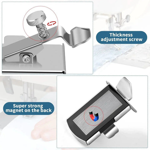 TIGARI magnetic seam guide for sewing machine with clip; silver metal ruler.  
TIGARI seam guide showing thickness adjustment screw on metal body.  
Back view of TIGARI magnetic seam guide with strong magnet visible.  
Close-up of magnet inside TIGARI seam guide in metal housing.