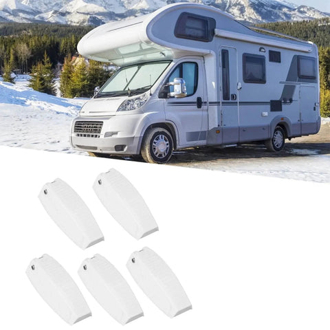 5 Pack Baggage Door Catch For RVs White ABS Door Holder shown with a motorhome in snowy mountains