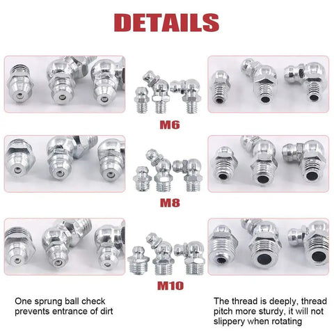 123 Piece Metric Hydraulic Zerk Grease Fittings Kit With 9 Common Sizes Including M6 X 1 Straight 45 And 90 Degree M8 X 1 Straight 45 And 90 Degree M10 X 1 Straight 45 And 90 Degree Perfect For Auto Repair Bike And DIY Projects details view