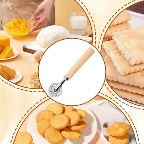 Fluted Pastry Wheel Cutter For Homemade Pasta And Ravioli with wooden handle, surrounded by dough and baked goods.