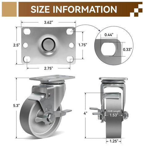 Size diagram of 4 Inch Heavy Duty Cast Iron Caster Wheels Set Of 4 With 1600 Lb Load Capacity, showing dimensions and braked design.