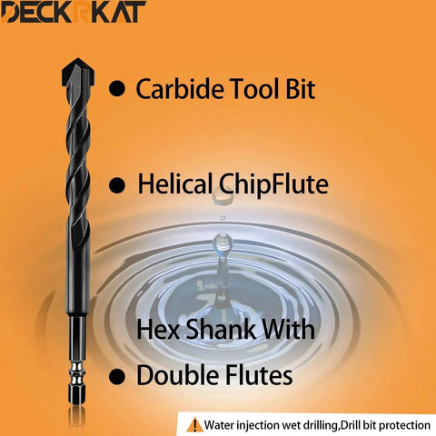 Close-up of a carbide tool bit with helical chip flute, hex shank, and double flutes over water ripple background.