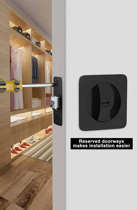 Black pocket door lock for sliding doors with privacy latch being installed on interior door, fits 1-3/8 to 2-3/16 inches thick.
