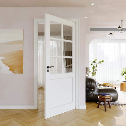 36 By 80 Inches Clear Glass Slab Interior Door With Six Lite Look For Living Room Pantry Laundry Closet Pre Finished Paintable Single Panel Door Prehung Pocket Bifold Barn Shaker Style Door Without Hardware, installed in living room showcasing six-lite design.