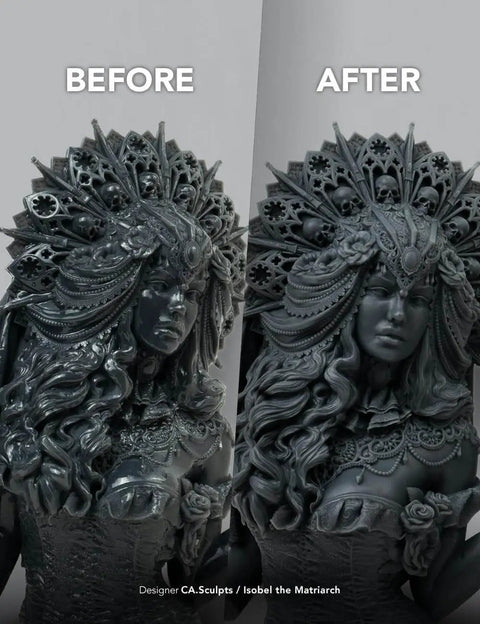 Comparison of 3D printed statues before and after using Game Changer 360 Degree UV Curing Station for high-quality finishes