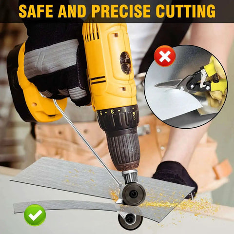 Person using Electric Drill Plate Cutter Attachment For Cutting Metal Plates 0.8mm on steel sheet with drill handle