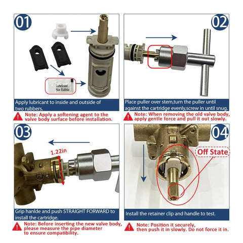 PLISPARK Moen 1222 cartridge kit components: white lubricant sachet, two black rubber gaskets, beige cartridge body.
PLISPARK Moen 1222 removal: puller over stem with hex nut; turn to disengage cartridge.
PLISPARK Moen 1222 installation: align cartridge, 1.22 in depth, silver nut on brass valve.
PLISPARK Moen 1222 test: install retainer clip and handle; valve stem shown in off state.
