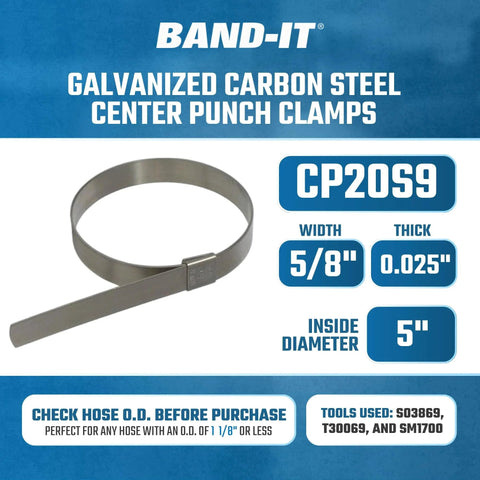 Center Punch Clamp Five Eighths Inch Wide 0.025 Inch Thick Five Inch Diameter 201 Stainless Steel Box Of 25 High Strength Corrosion Resistant Clamp For General Maintenance And Emergency Field Repairs.