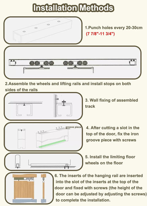 Installation steps for Heavy Duty Sliding Barn Door Hardware Kit For Two Bypass Doors 106 Inch Track with illustrations.
