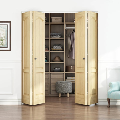 Open closet with organized shelves showing 72 Inch Top Mounted Bifold Door Hardware Kit For Inside Doors, Closets, Bathrooms And Cabinets