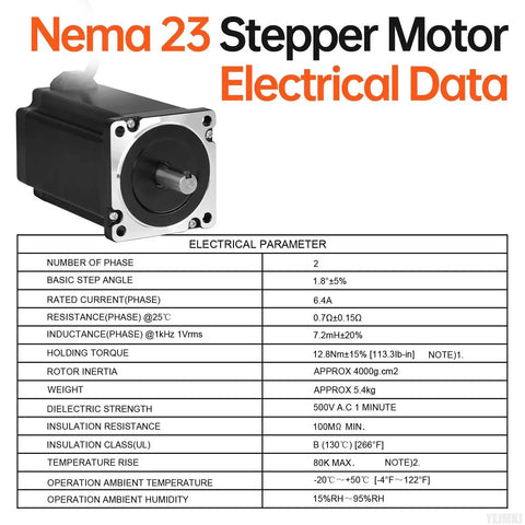 Nema 23 stepper motor with electrical data chart showing specs like step angle, torque, current, and resistance.