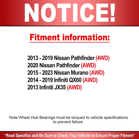 Fitment information for Beefy Low Runout Rear Wheel Bearing Hub Assembly With ABS For 2013 To 2020 Nissan Pathfinder and others.