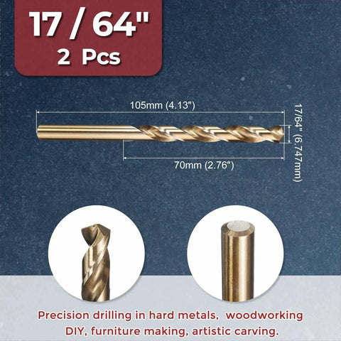 Two Pack 17 64th Inch Drill Bits Set For Metal Wood And Plastic M2 High Speed Steel With 135 Degree Split Point Gold Finish 105mm Overall Length And 70mm Flute Precision Cutting Tools Kozelo diagram showing size and features