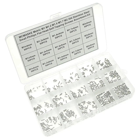 Pro Grade 750 Piece Metric Self Tapping Screws Kit In 304 Stainless Steel With Phillips Flat And Countersunk Heads Covers M1 To M2 Sizes