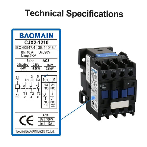 Three Pole AC Contactor CJX2 1210 With 24V AC Coil 3NO Plus 1NO Auxiliary 660V shown with technical specifications