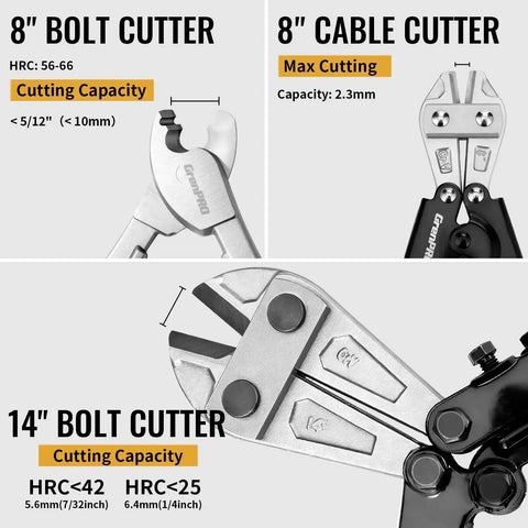 Three Piece Bolt Cutter Set With 14 Inch Heavy Duty Bolt Cutter, 8 Inch Mini Bolt Cutter, And 8 Inch Cable Cutter In Carrying Bag