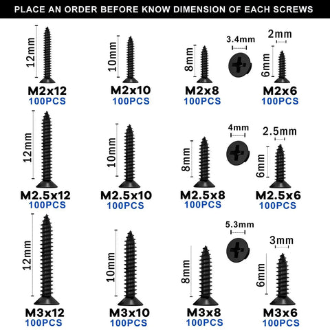 Image of 1200 Pcs Black Self Tapping Screws Set for wood, plastic, and metal in M2, M2.5, M3 sizes with dimensions displayed.