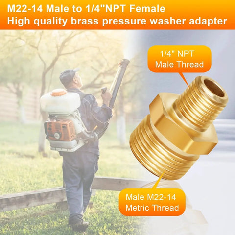 Brass High Pressure Washer Adapter One Quarter NPT Male To M22 Fourteen Millimeter Male Converter 4800 PSI Bridges