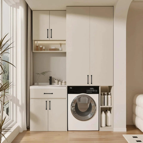 Laundry room with white cabinets featuring Matte Black Cabinet Handles 3 Pack 5 Inch Modern Cabinet Pulls For Kitchen And Vanity Durable Solid Construction