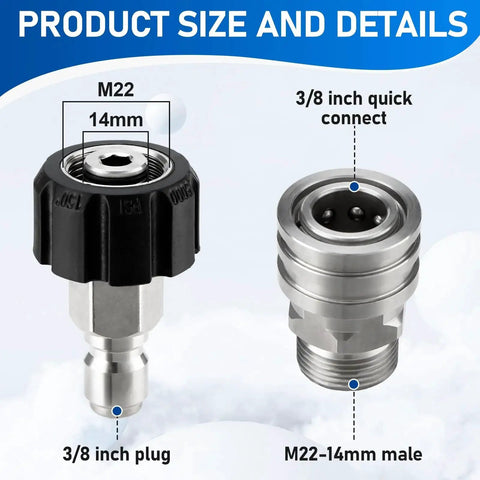Stainless Steel Pressure Washer Quick Connect Adapter Kit Set M22 14mm to 3/8 Inch Swivel Fittings with M22-14mm Male and 3/8 Inch Plug